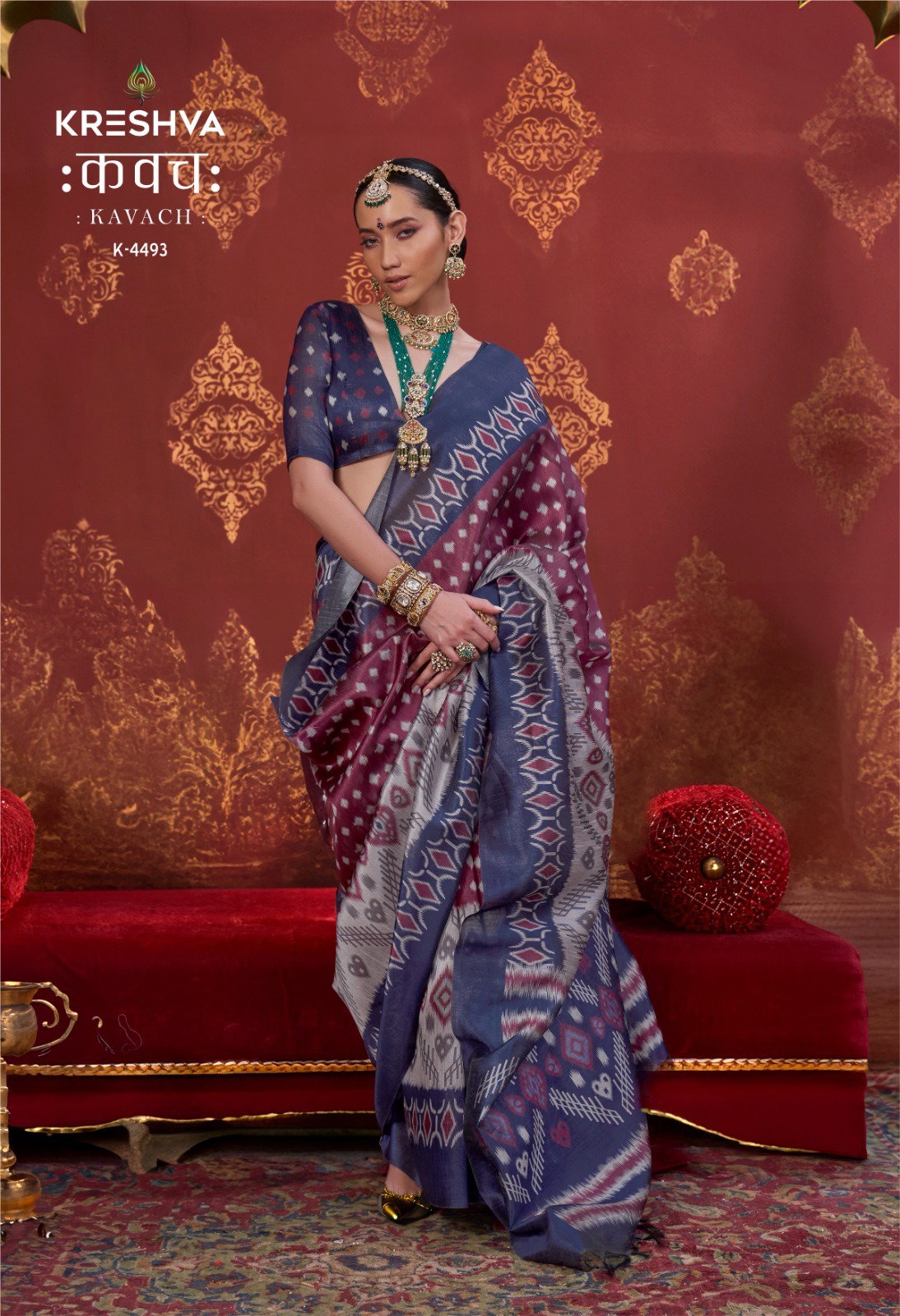 KRESHVA KAVACH SILK SAREE SERIES 4486 TO 4493 WITH IKKAT DESIGN SAREE 5