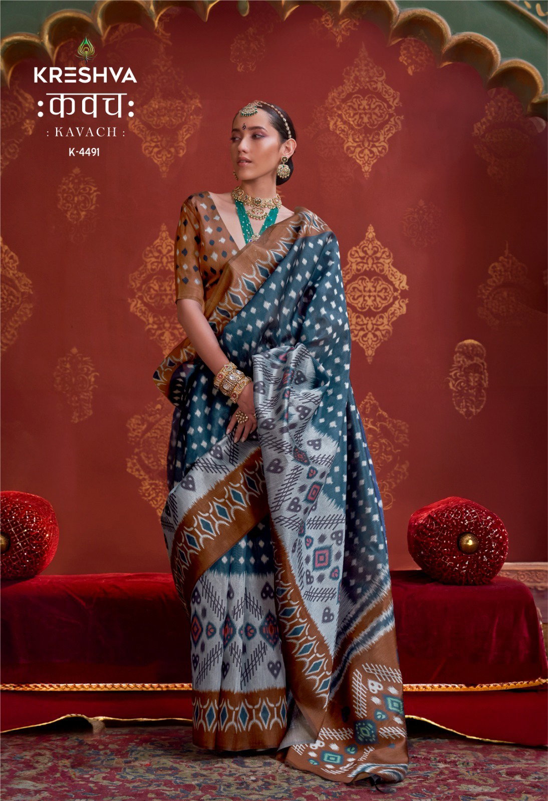 KRESHVA KAVACH SILK SAREE SERIES 4486 TO 4493 WITH IKKAT DESIGN SAREE 4