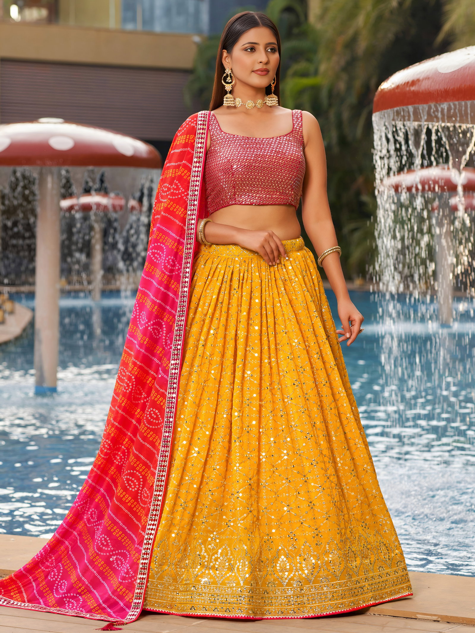 Sunlit Yellow Lehenga with Pink Bandhani Dupatta SERIES 8008 9