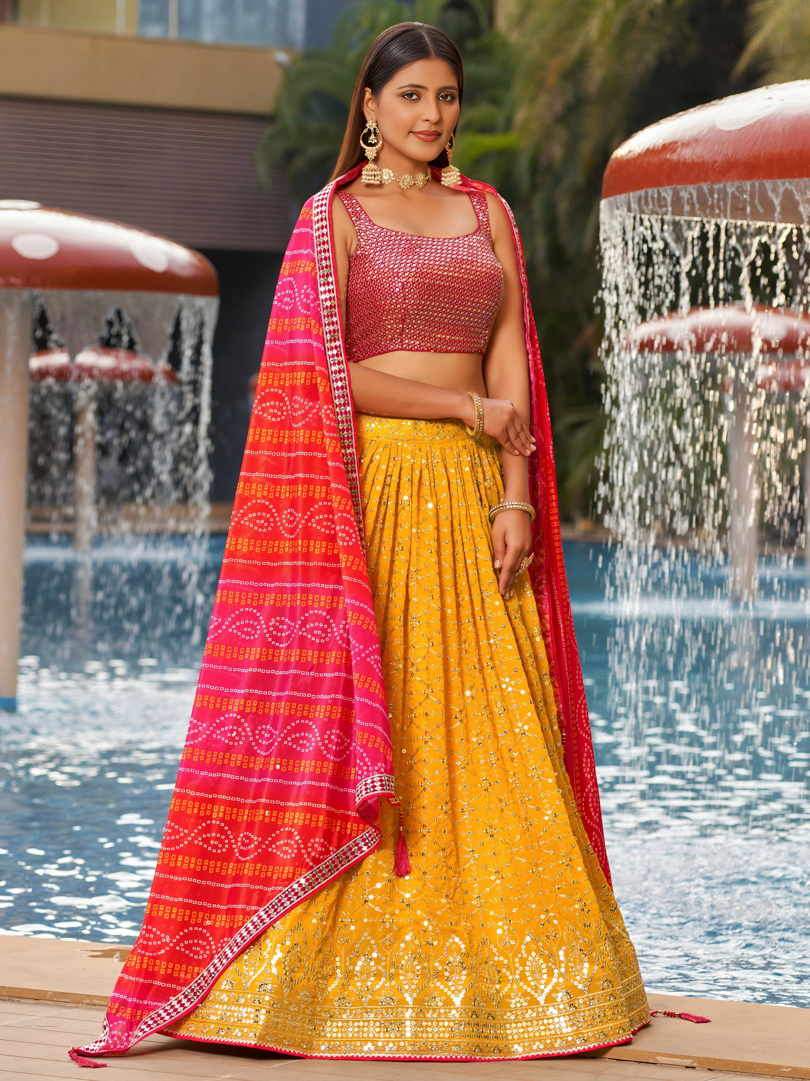 Sunlit Yellow Lehenga with Pink Bandhani Dupatta SERIES 8008 8