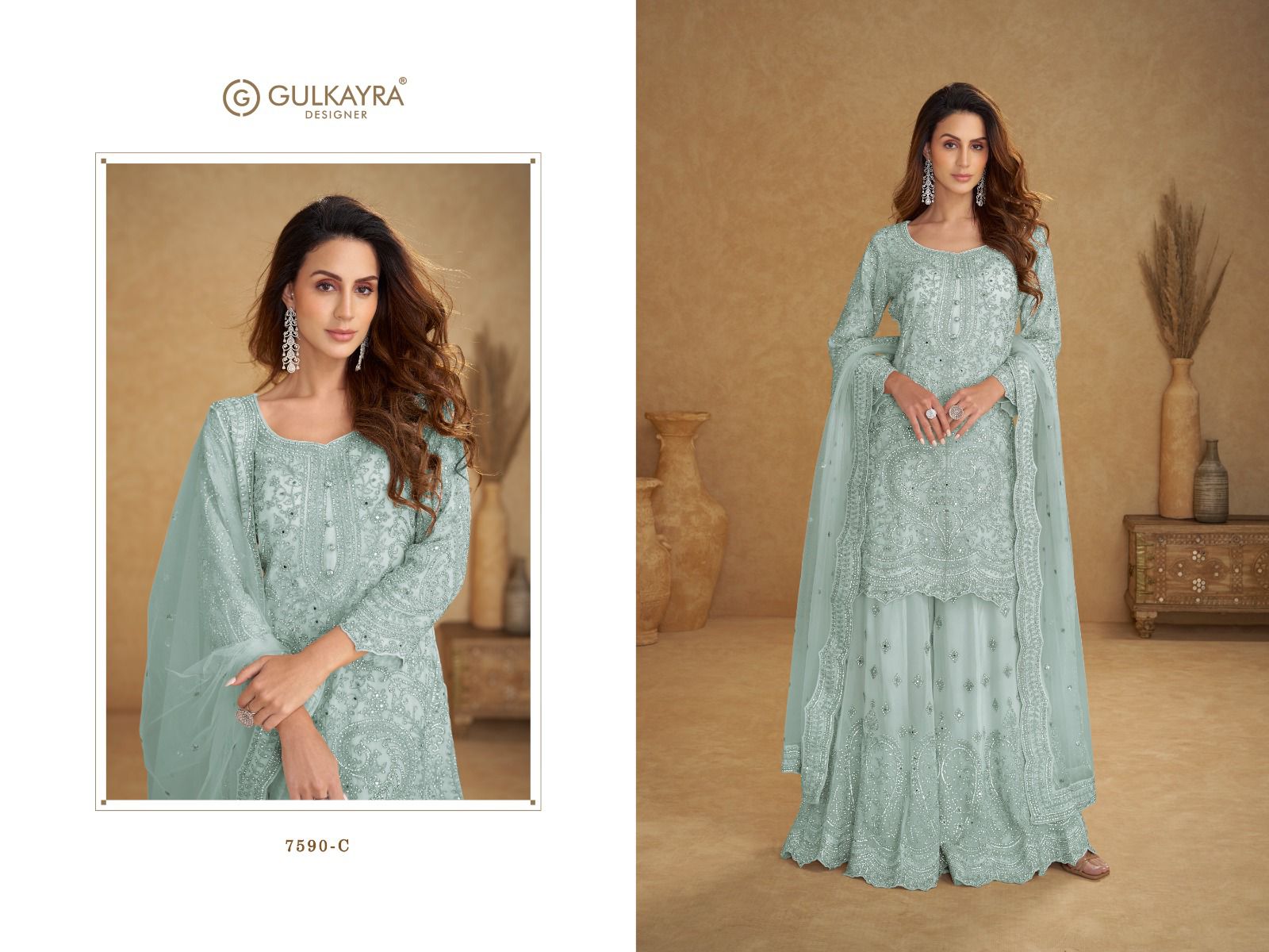 GULKAYRA DESIGNER PRESENTS SAFIRA FREE SIZE STICHED SALWAR WITH PLAZZO SERIES 7590 COLORS 1