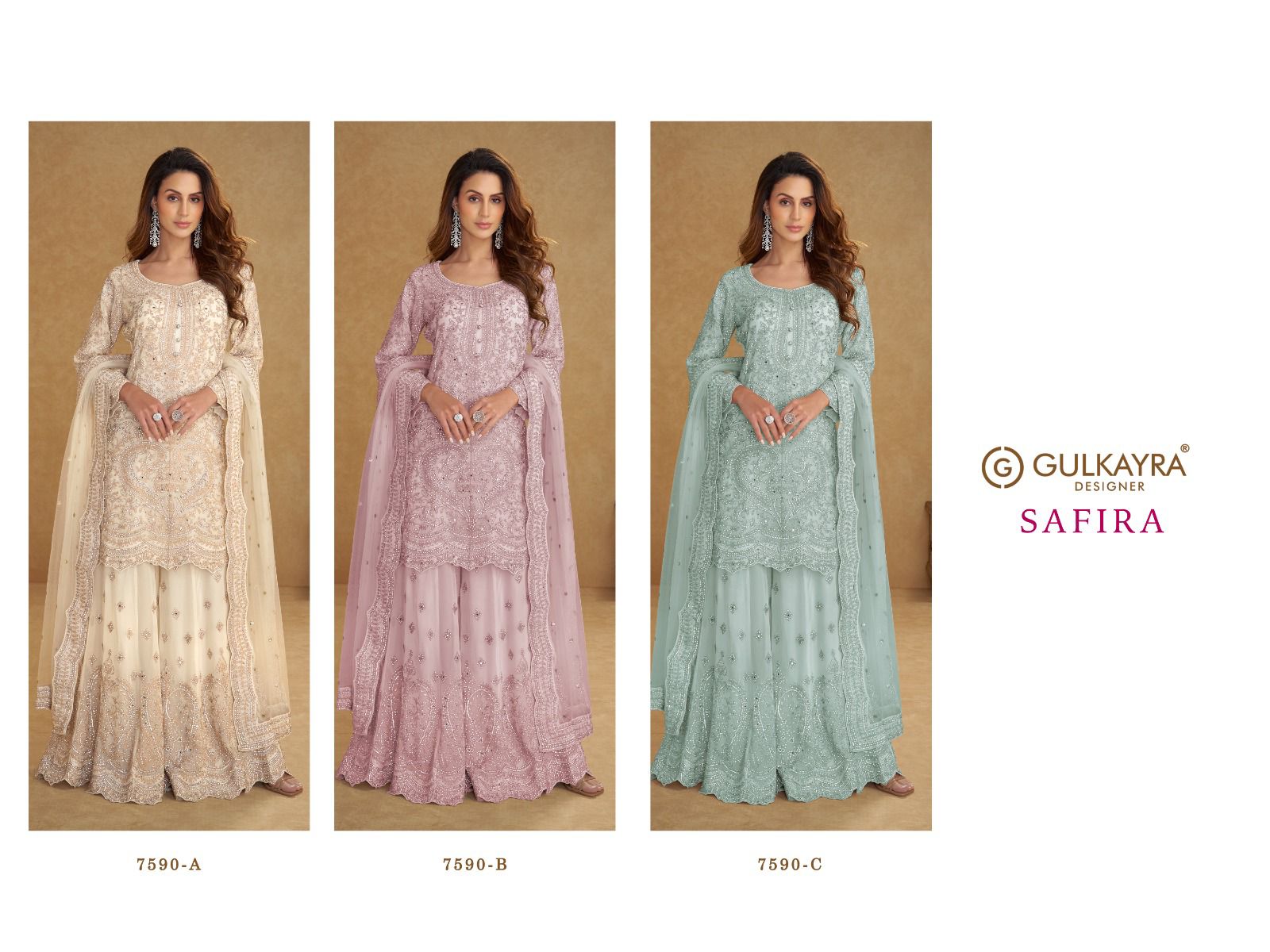 GULKAYRA DESIGNER PRESENTS SAFIRA FREE SIZE STICHED SALWAR WITH PLAZZO SERIES 7590 COLORS 2