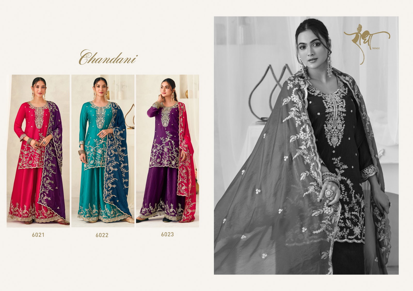 RADHA TRENZ PRESENT CHANDINI FREE SIZE STICHED SALWAR SUIT WITH PLAZZO SERIES 6021-6023 2