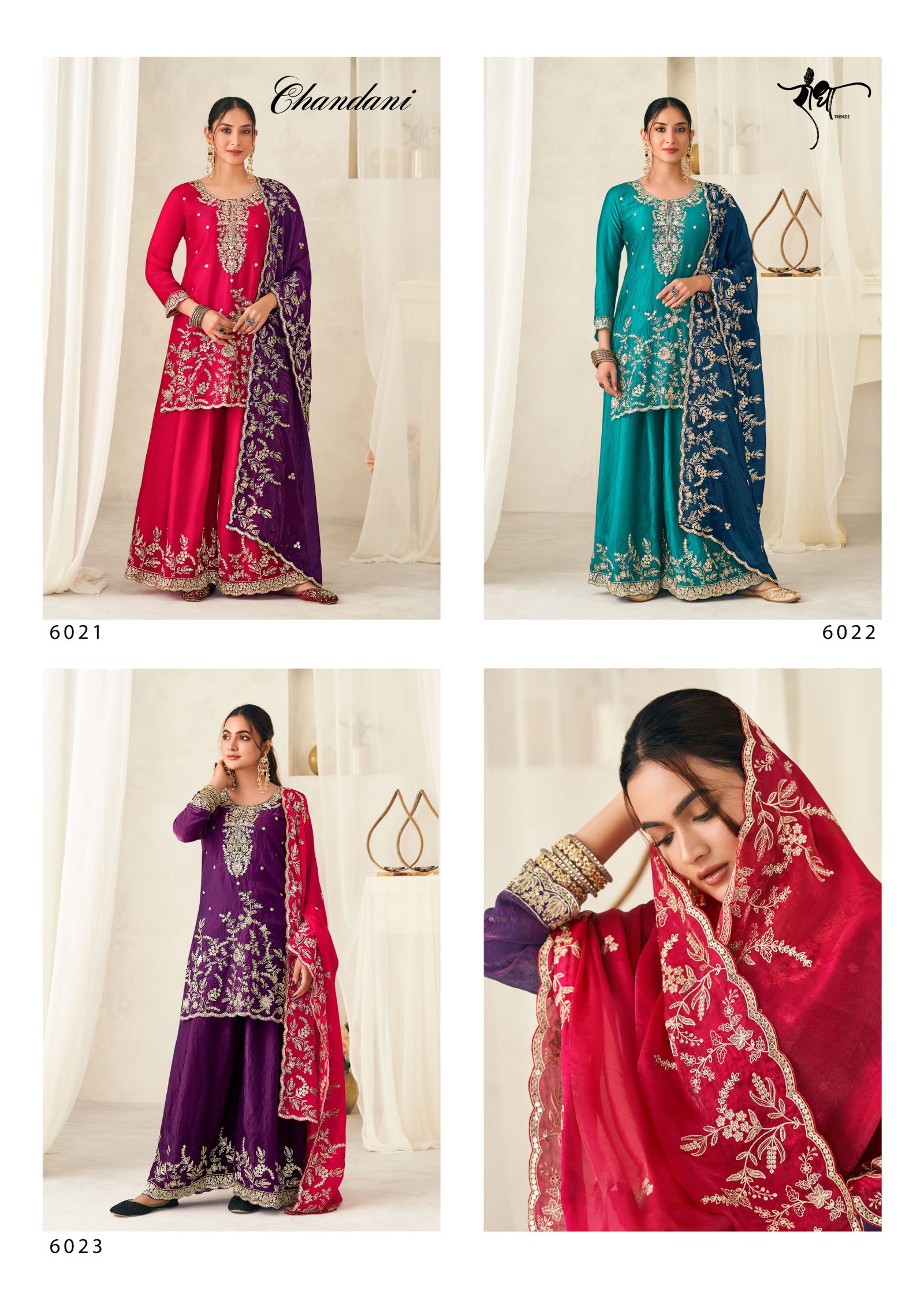 RADHA TRENZ PRESENT CHANDINI FREE SIZE STICHED SALWAR SUIT WITH PLAZZO SERIES 6021-6023 1