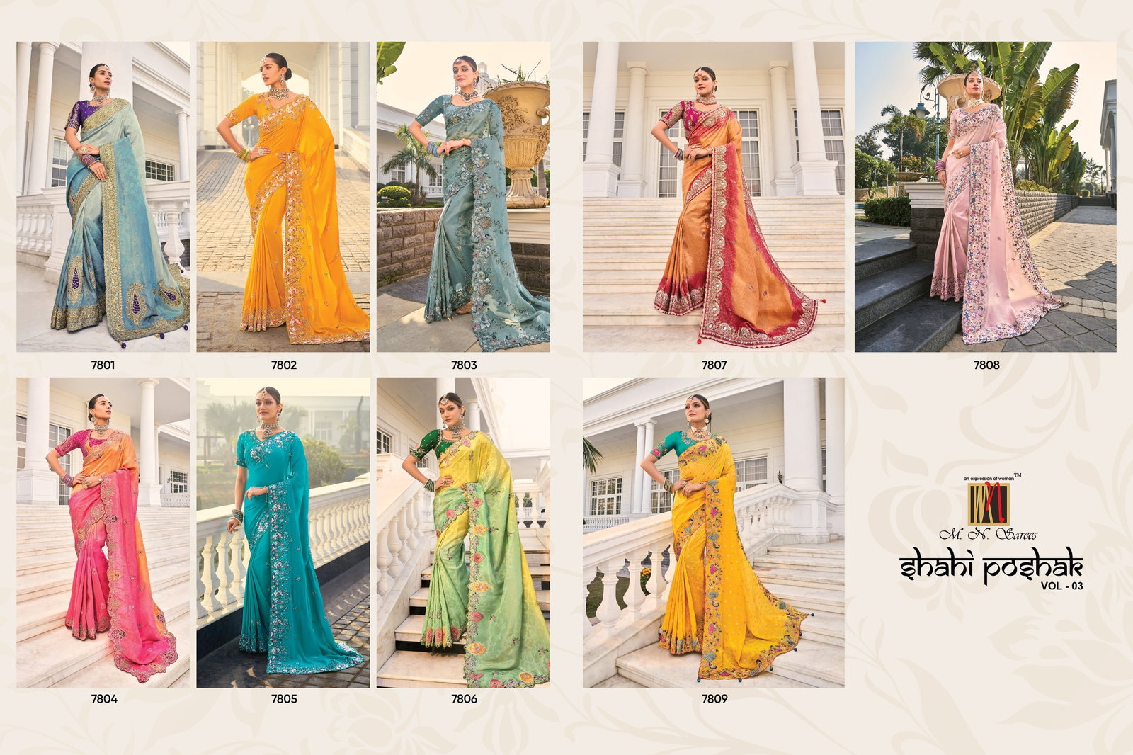 M.N  Present Shahi Poshak Vol-3 Designer Fancy Saree for Wedding series 7801 to 7809 4