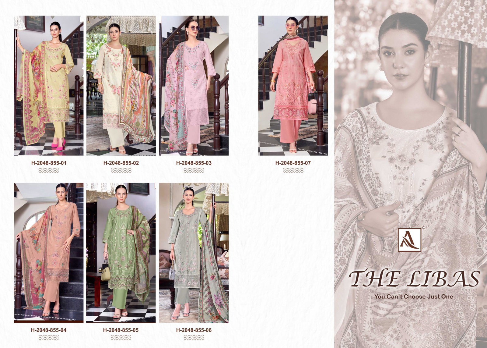 ALOK SUIT PRESENT THE LIBAS UNSTICH LAWN COTTON WITH EMBRODIERY WORK SERIES 855-01 TO 855-06 7