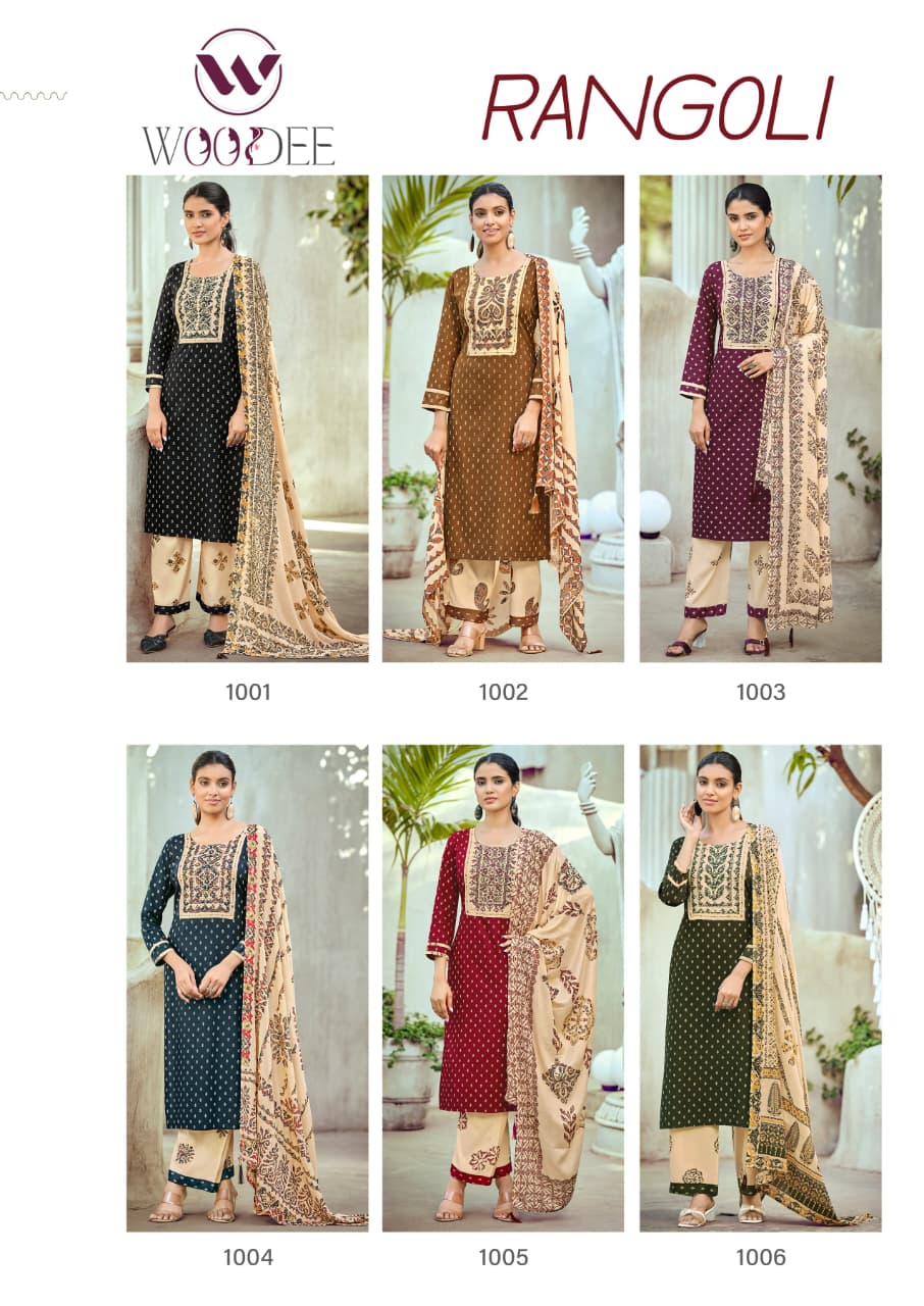 WOODEE PRESENT STRAIGHT CUT TOP WTH WITH BOTTOM DUPATTA  RANGOLI  CATLOUGLE SERIES 1001-1006 9