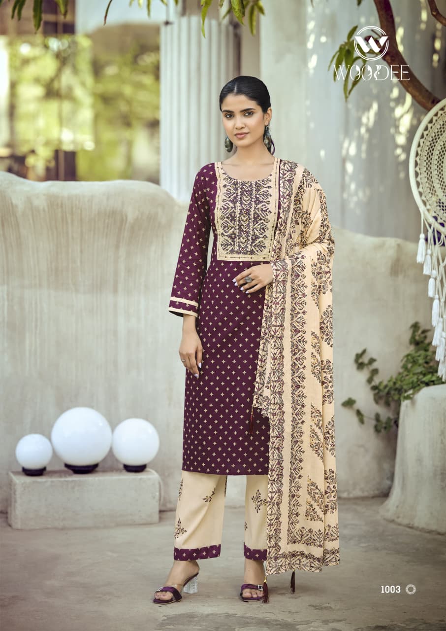 WOODEE PRESENT STRAIGHT CUT TOP WTH WITH BOTTOM DUPATTA  RANGOLI  CATLOUGLE SERIES 1001-1006 10
