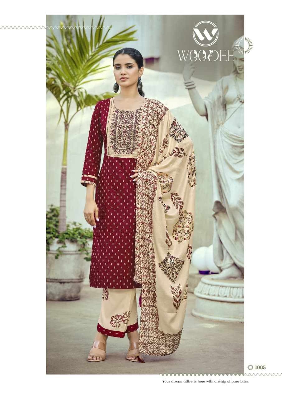 WOODEE PRESENT STRAIGHT CUT TOP WTH WITH BOTTOM DUPATTA  RANGOLI  CATLOUGLE SERIES 1001-1006 12