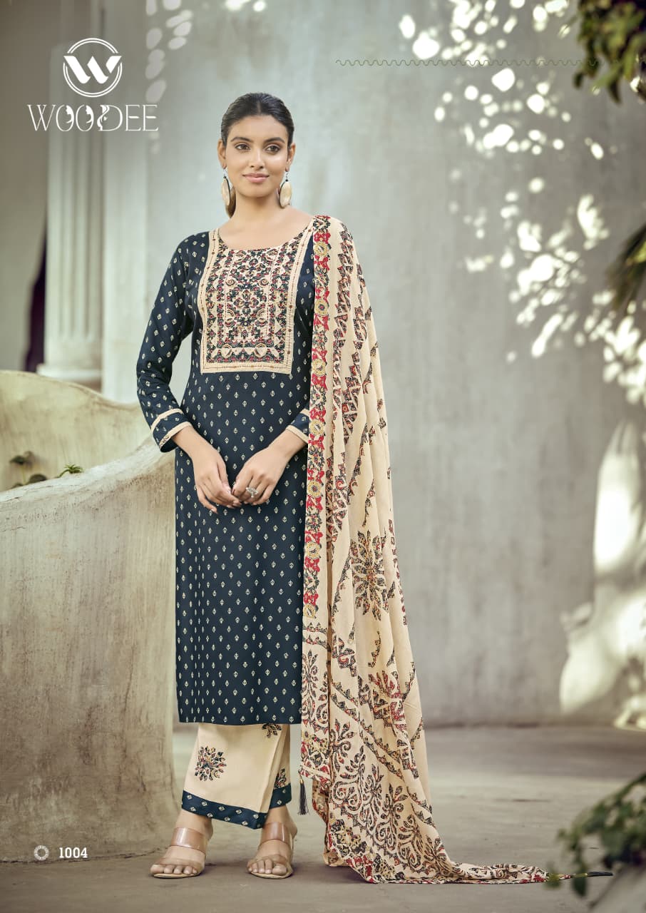 WOODEE PRESENT STRAIGHT CUT TOP WTH WITH BOTTOM DUPATTA  RANGOLI  CATLOUGLE SERIES 1001-1006 6
