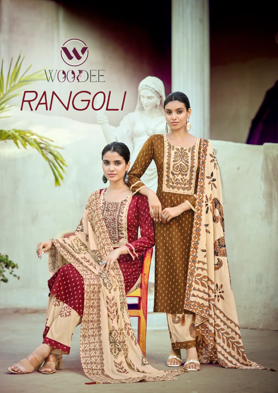 WOODEE PRESENT STRAIGHT CUT TOP WTH WITH BOTTOM DUPATTA  RANGOLI  CATLOUGLE SERIES 1001-1006 4