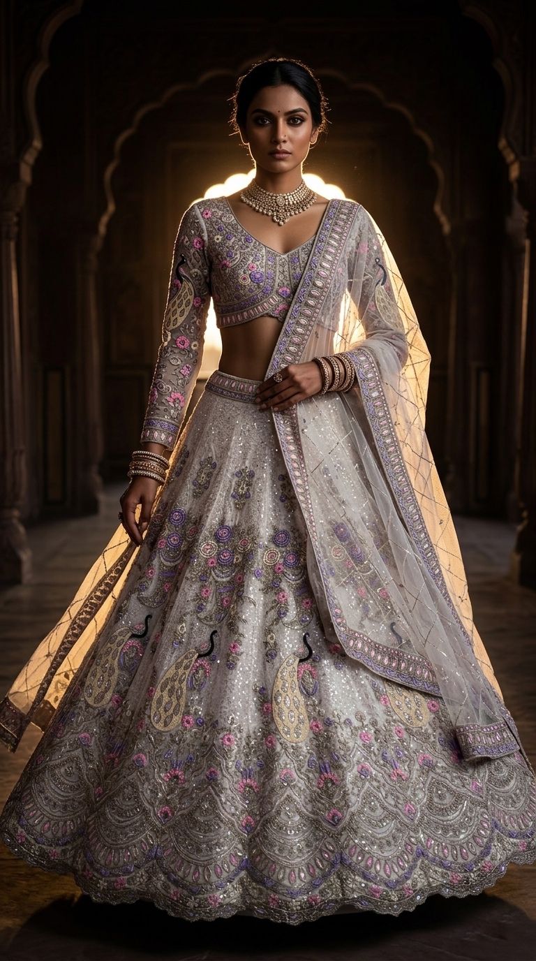 BOLLYWOOD  FANCY LEHENGA CHOLI WITH 4 MTR FLAIR CODING SEQUENCES WORK LEHENGA OFF WHITE 15