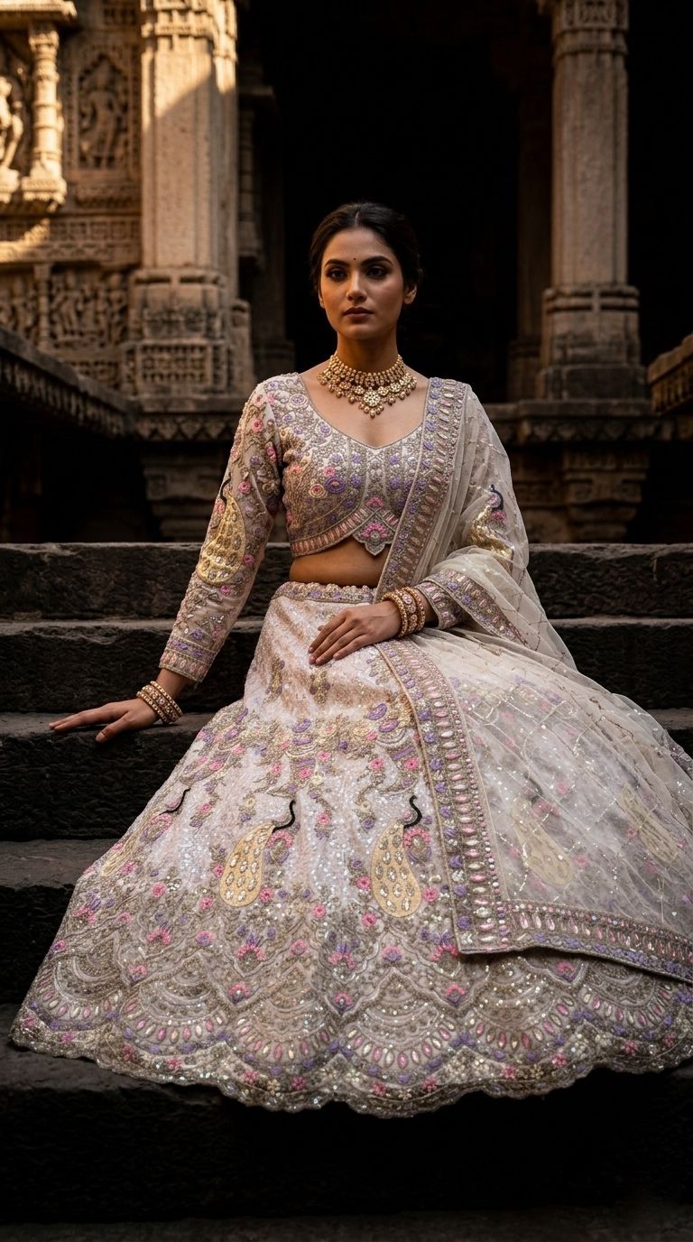 BOLLYWOOD  FANCY LEHENGA CHOLI WITH 4 MTR FLAIR CODING SEQUENCES WORK LEHENGA OFF WHITE 9