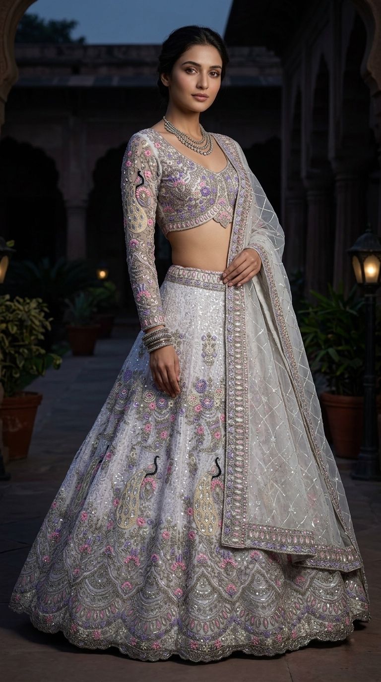 BOLLYWOOD  FANCY LEHENGA CHOLI WITH 4 MTR FLAIR CODING SEQUENCES WORK LEHENGA OFF WHITE 8