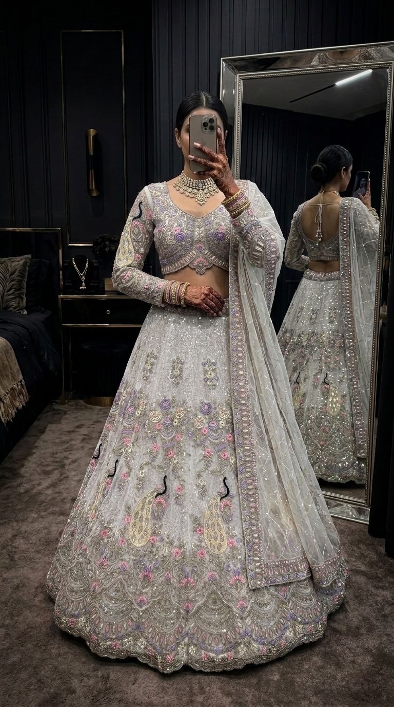 BOLLYWOOD  FANCY LEHENGA CHOLI WITH 4 MTR FLAIR CODING SEQUENCES WORK LEHENGA OFF WHITE 3