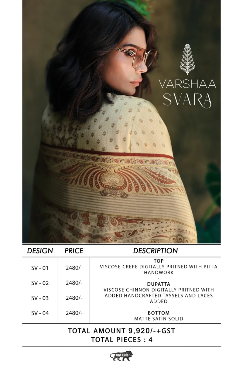 VARSHA PRESENT NEW CATLOUGLE SVARA SERIES SV 01-SV 04 VISCOSES CREPE UNSTICH SUIT 9