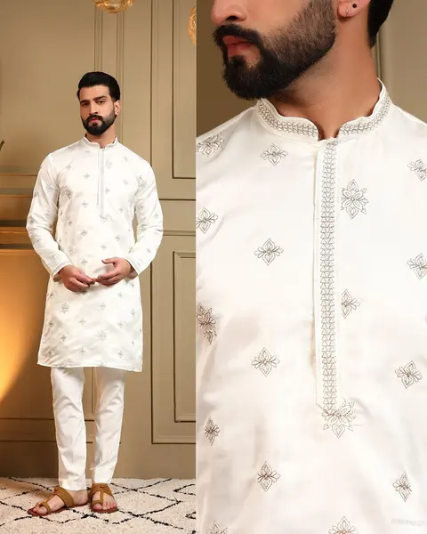 Men’s Royal Silk Kurta Pyjama with Embroidery Sequins Work 1