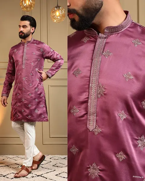 Men’s Royal Silk Kurta Pyjama with Embroidery Sequins Work 2