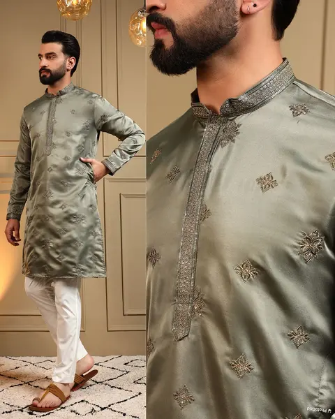 Men’s Royal Silk Kurta Pyjama with Embroidery Sequins Work 3