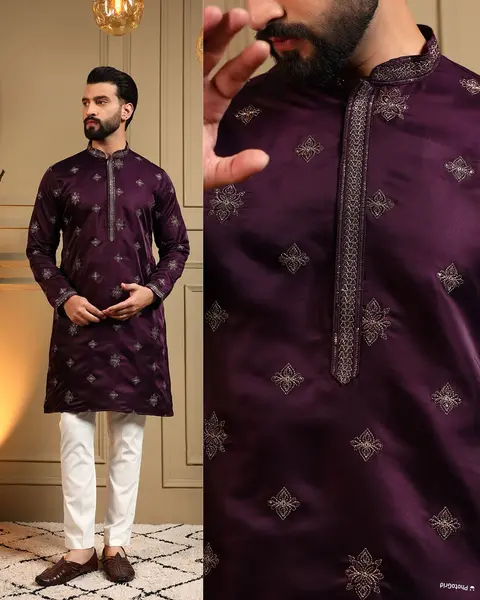 Men’s Royal Silk Kurta Pyjama with Embroidery Sequins Work 4