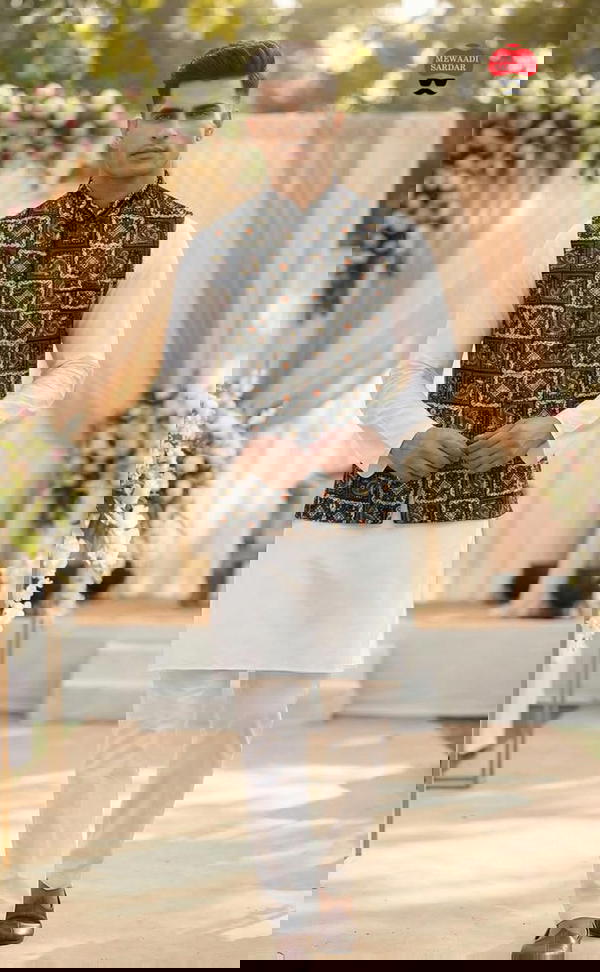 Traditional Kurta Koti Pyjama Set for Men