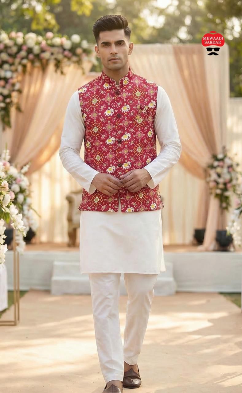 Stylish Men’s Kurta with Jacquard Look Koti and Pant 1