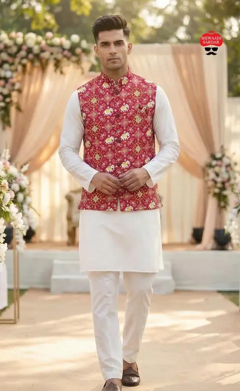 Stylish Men’s Kurta with Jacquard Look Koti and Pant 1