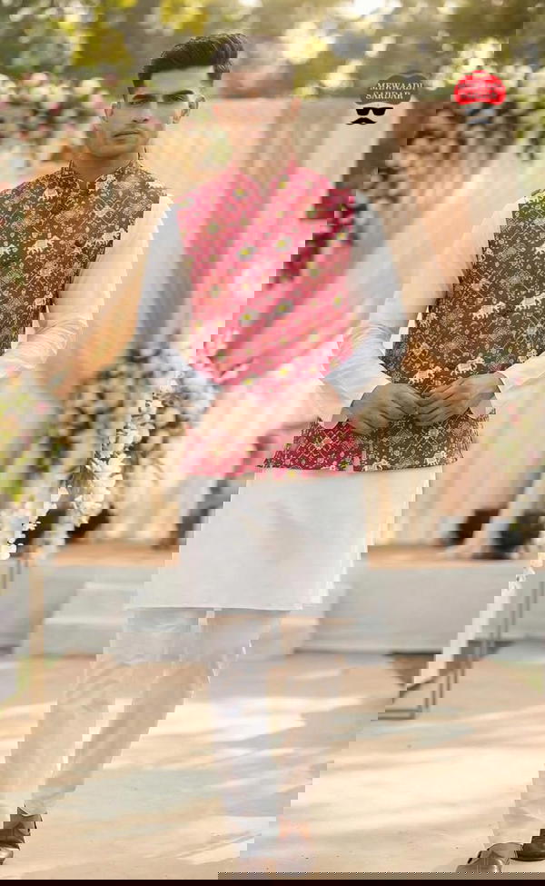 Stylish Men’s Kurta with Jacquard Look Koti and Pant