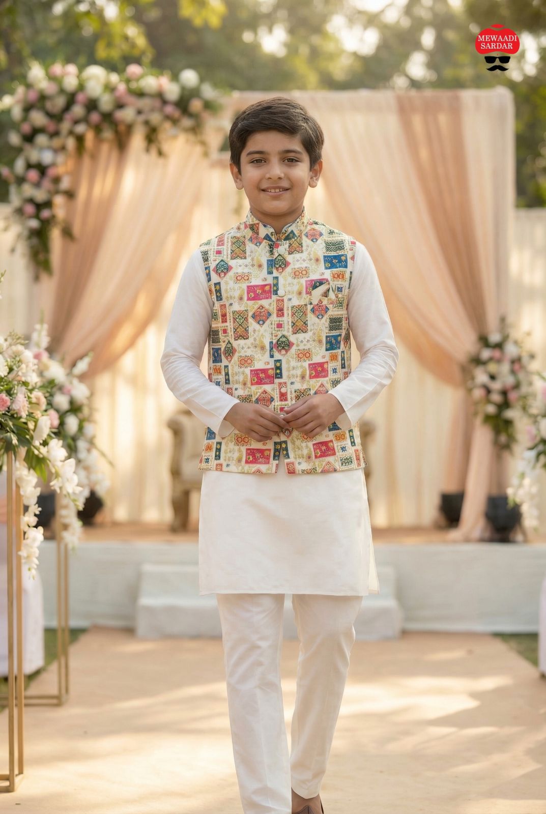 Kids Kurta Koti Pyjama Set in Malai Satin – Festive Wear 1
