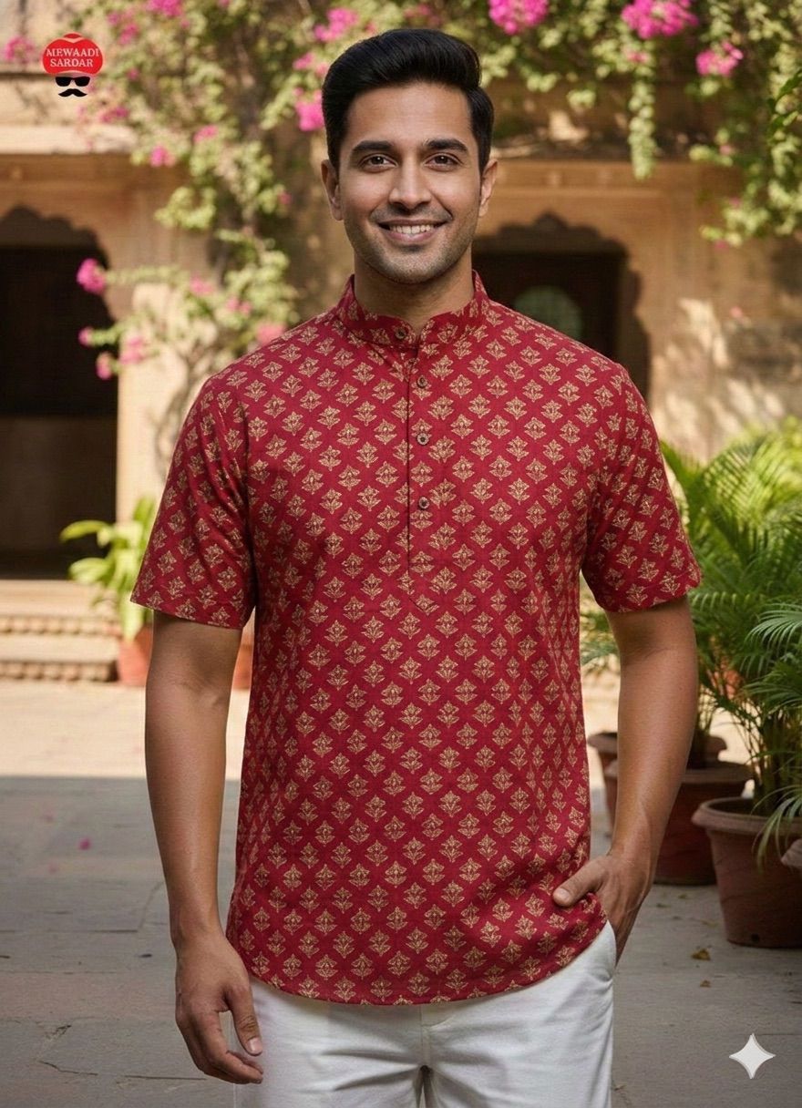 Stylish Men’s Printed Cotton Short Kurta for Summer Wear 1