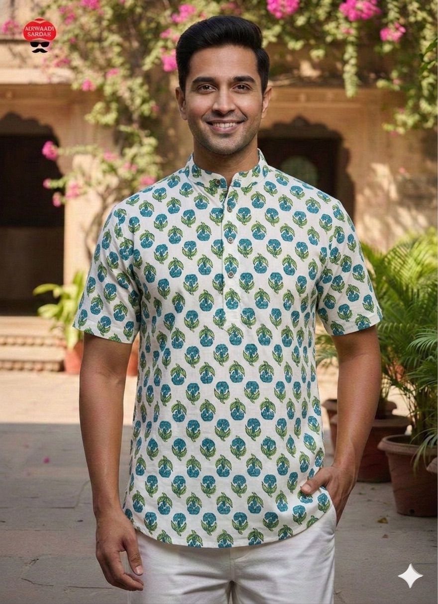 Men’s Summer Short Kurta in Printed Cotton – Half Sleeve 1