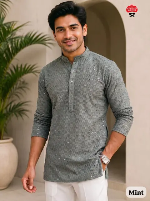 Men's Premium Rayon Chikan short Kurta – Full Sleeve Ethnic Wear 8