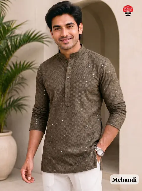 Men's Premium Rayon Chikan short Kurta – Full Sleeve Ethnic Wear 6