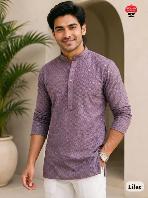Men's Premium Rayon Chikan short Kurta – Full Sleeve Ethnic Wear 5
