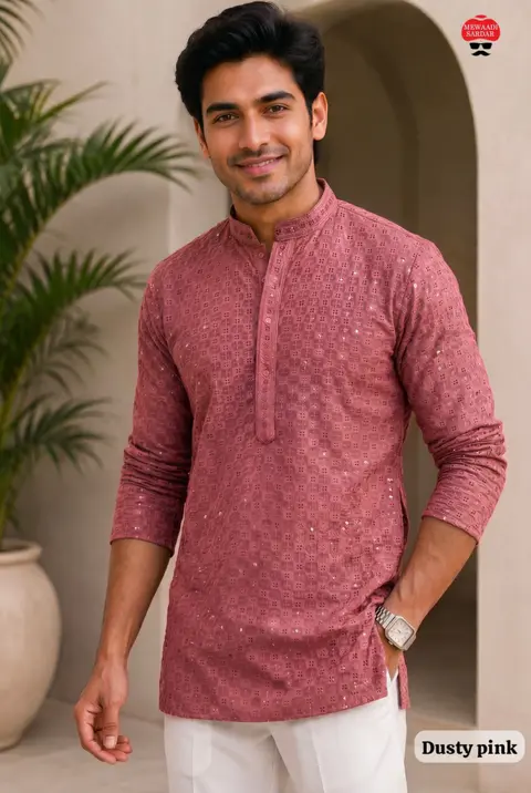 Men's Premium Rayon Chikan short Kurta – Full Sleeve Ethnic Wear 4
