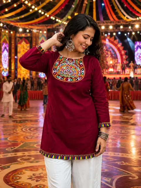 Women's Gamthi Embroidery Short Rayon Kurti with Real Mirror Work | Festive Navratri Top | Ethnic Short Kurti 6