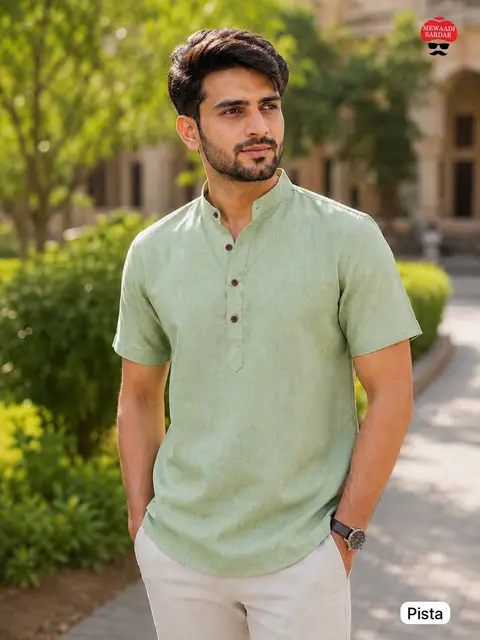 Men's Khadi Linen Short Kurta – Half Sleeve Summer Collection 8