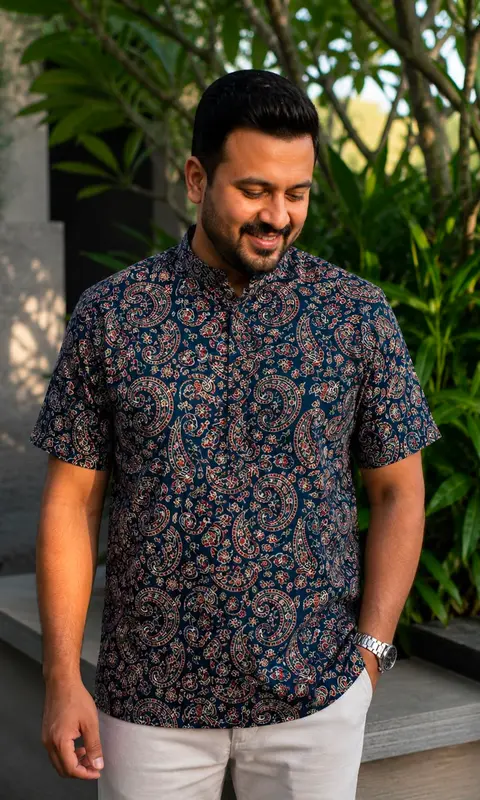Trendy Printed Cotton Kurta for Men – Short Ethnic Wear 1