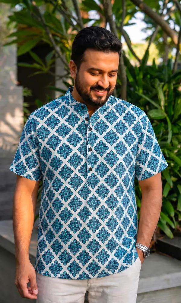 Men’s Cotton Ethnic Short Kurta – Printed Half Sleeve Design