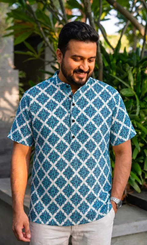 Men’s Cotton Ethnic Short Kurta – Printed Half Sleeve Design 1