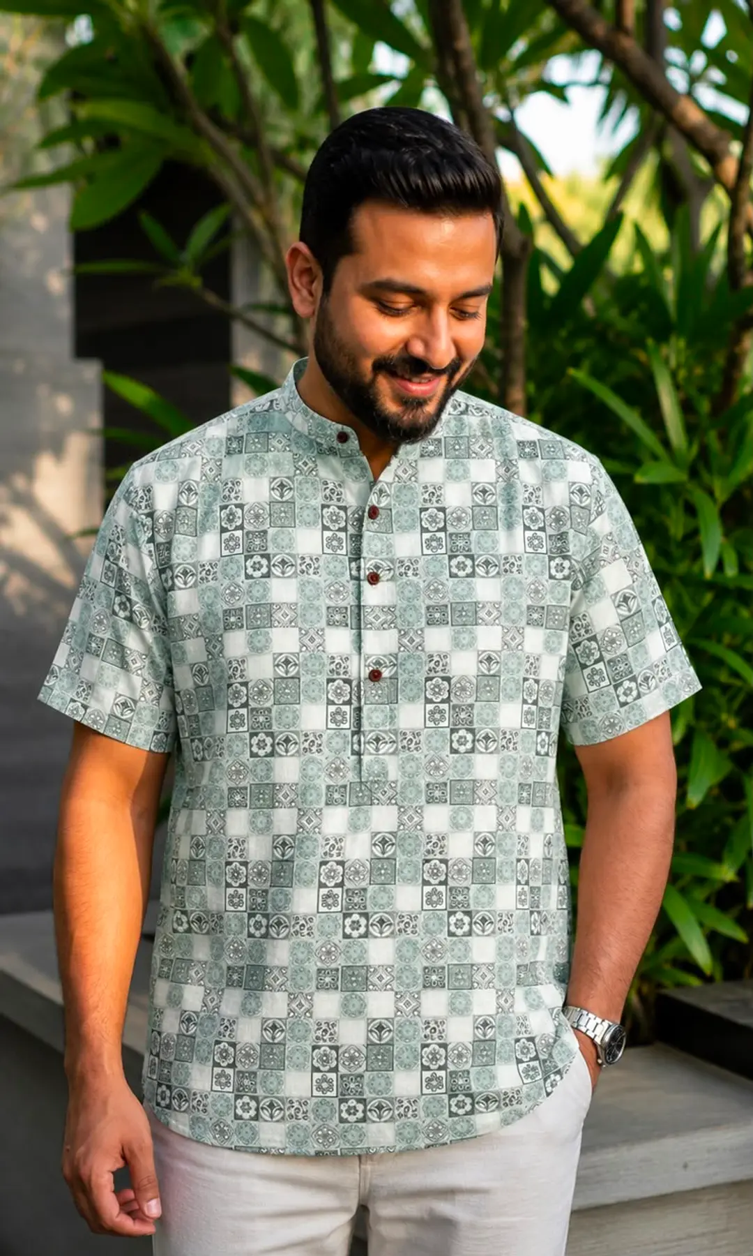 Men’s Printed Half Sleeve Kurta – Stylish Festive & Casual Wear 1