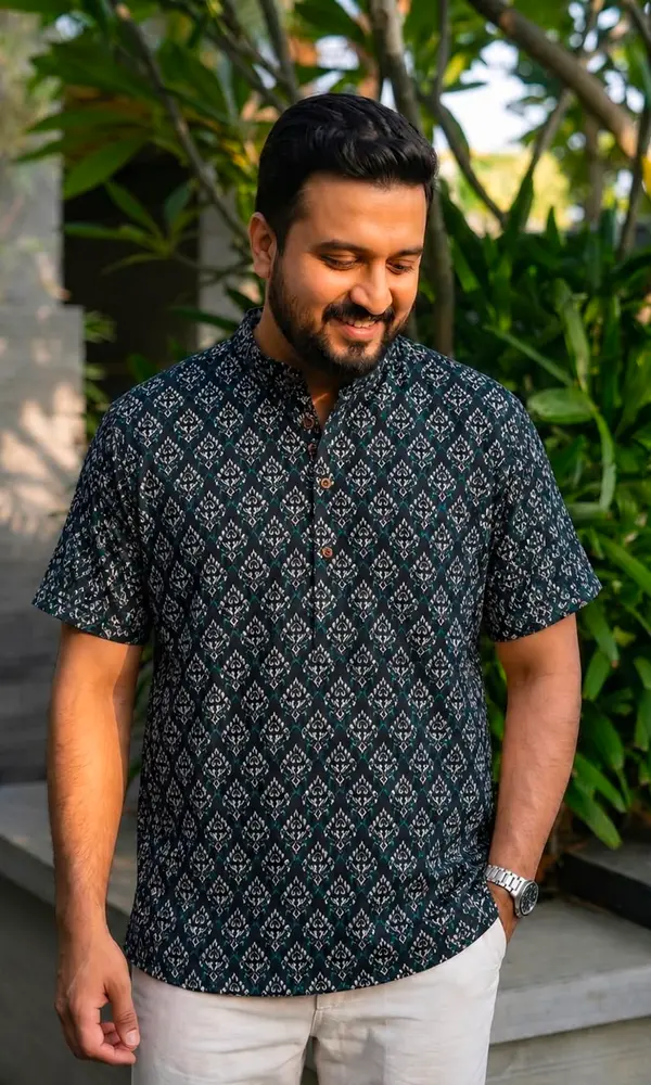 Premium Cotton Print Short Kurta for Men – Casual & Festive Collection