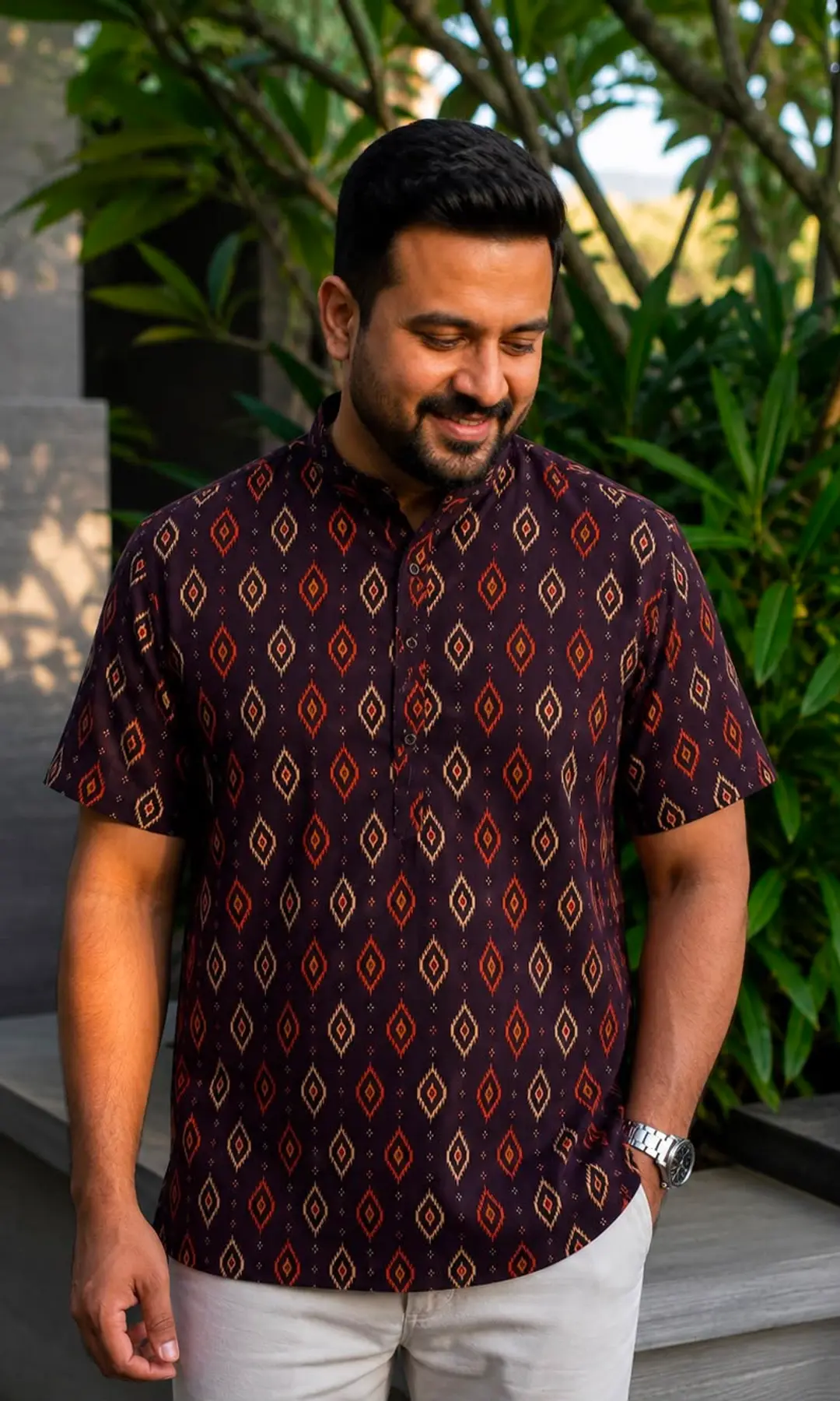 Men’s Festive Cotton Kurta – Printed Half Sleeve Short Kurta 1