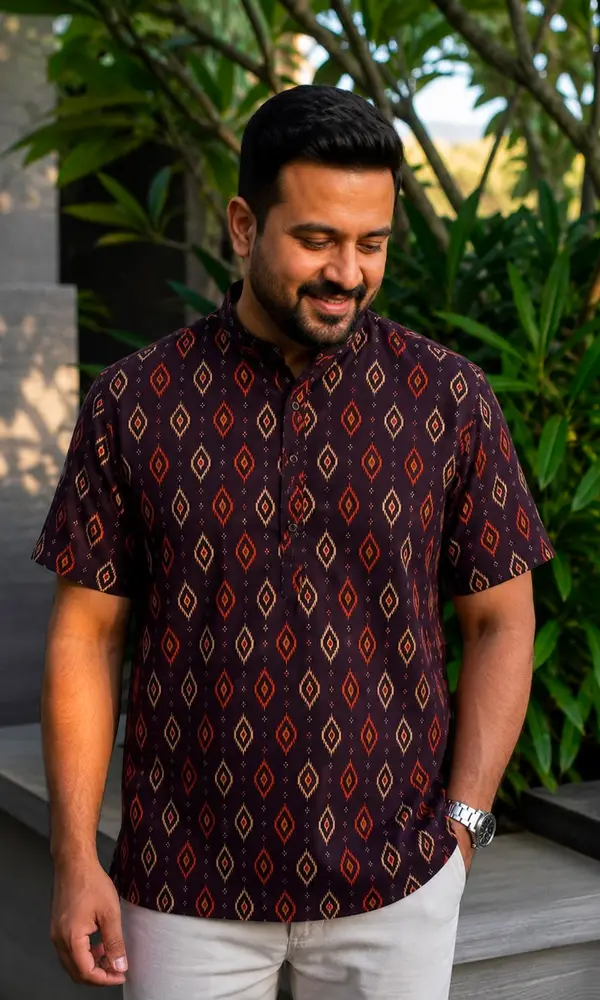 Men’s Festive Cotton Kurta – Printed Half Sleeve Short Kurta