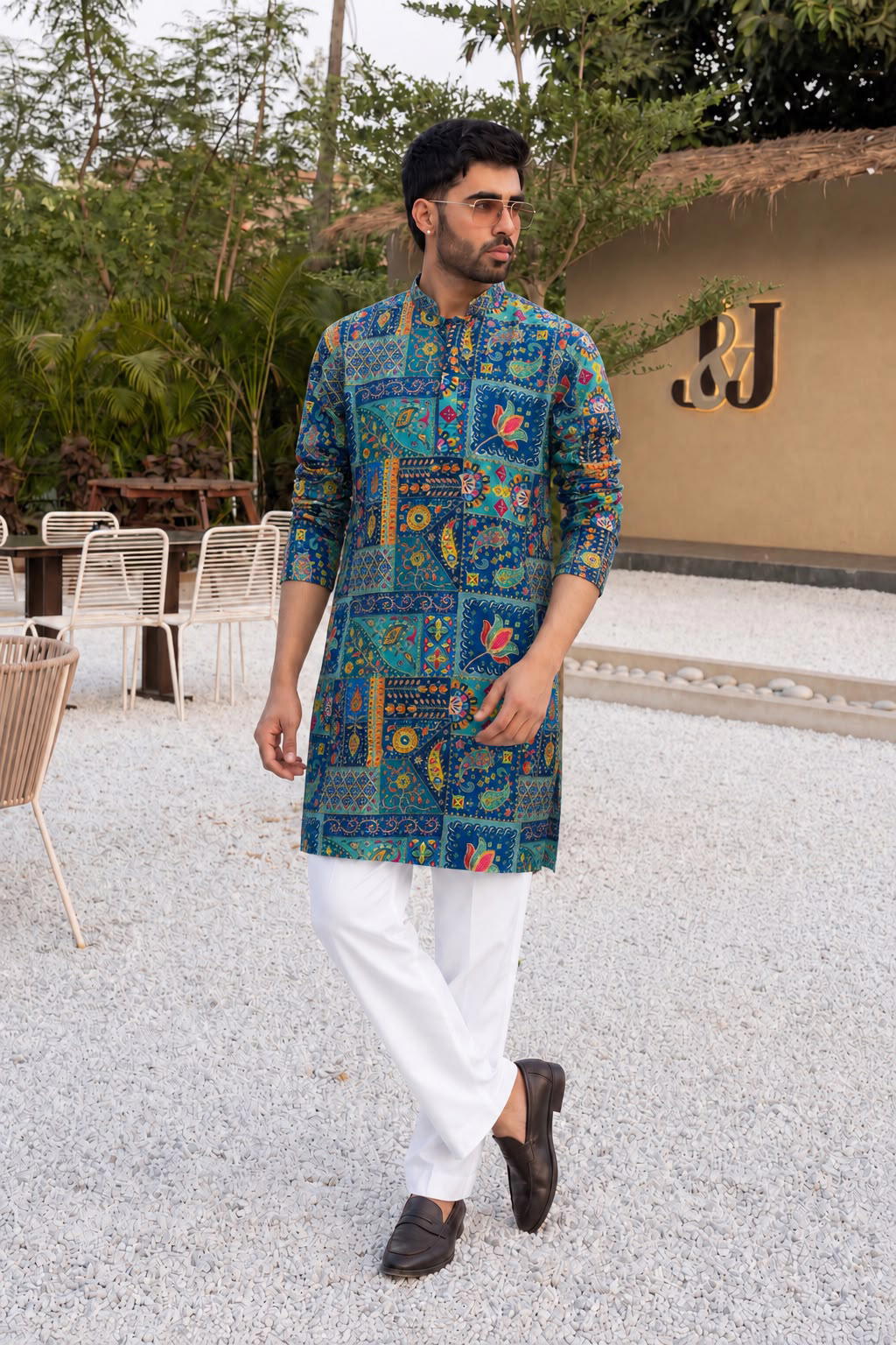 Blue designer kurta with polo pants 1