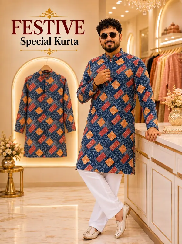Men’s Traditional Cotton Printed Kurta Pyjama Set
