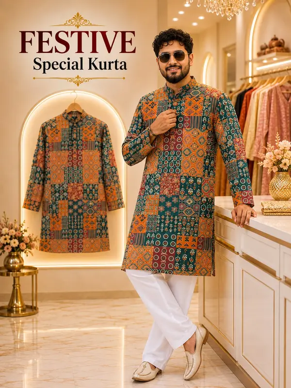 Festive Special Printed Cotton Kurta With Pyjama