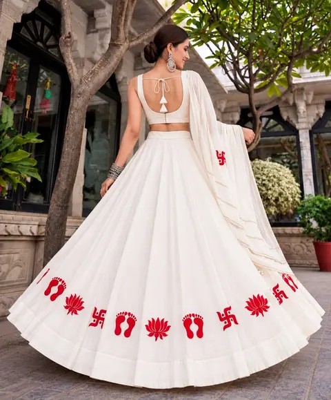 Swastik & Kamal Motif beautiful combination White Chaniya choli 1
