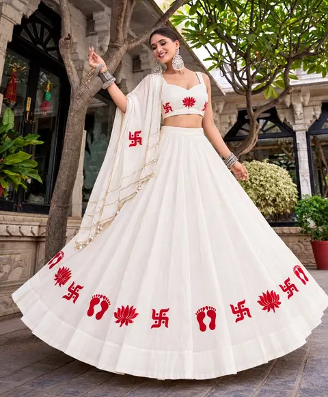 Swastik & Kamal Motif beautiful combination White Chaniya choli 2
