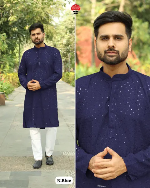 Men’s Chikan Work Kurta With Sequins in Heavy Rayon Fabric 3
